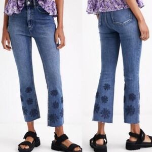Desigual Blue Floral Embroidery Cala Crop Denim Jeans Womens Size 42 / US 8 Boho